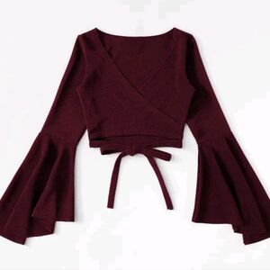 Burgundy Crop Top Bell Sleeves